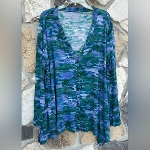 Logo Lori Goldstein Button Up Tunic Top Blouse XL Colorful Soft Stretchy Artsy